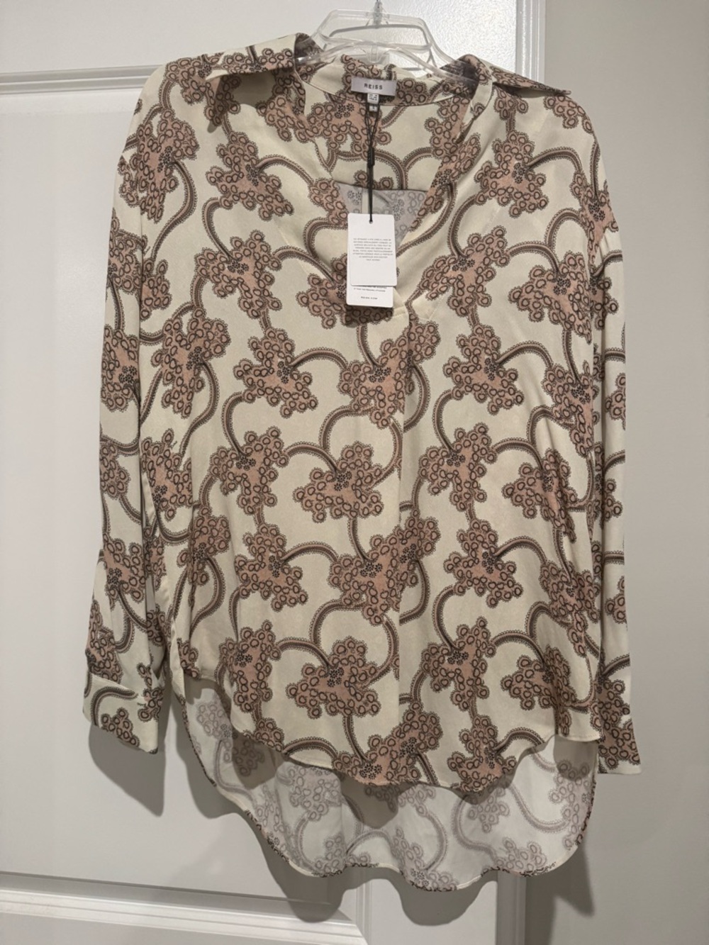 Reiss Cream and Brown Patterned Long-Sleeve Blouse
